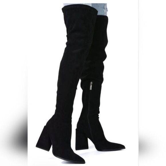 Women's Black Over The Knee pointed Chunky Block Heel Boots - Picture 2 of 6